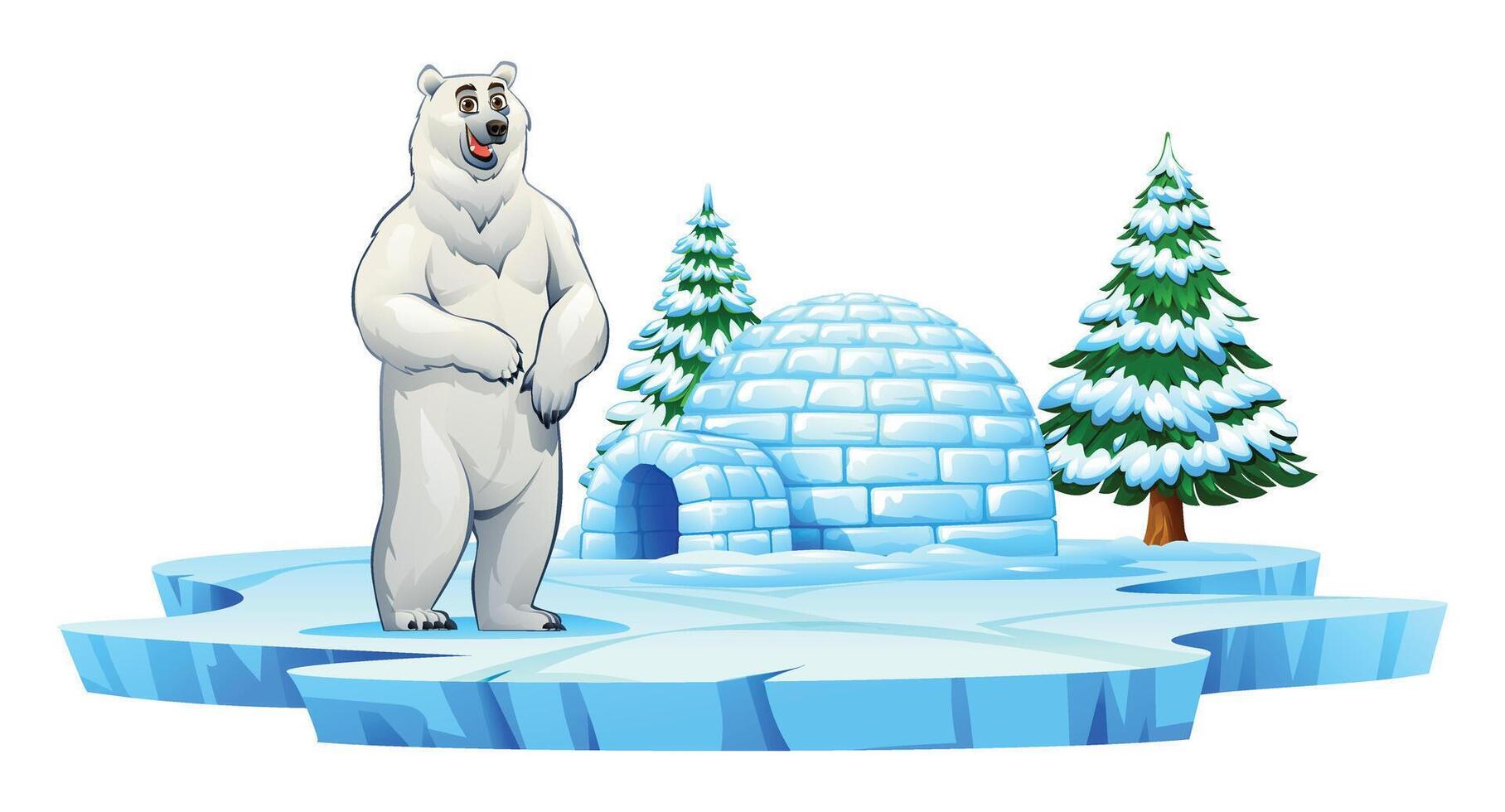 Polar bear standing near an igloo and snowy pine trees on ice. Cartoon illustration vector