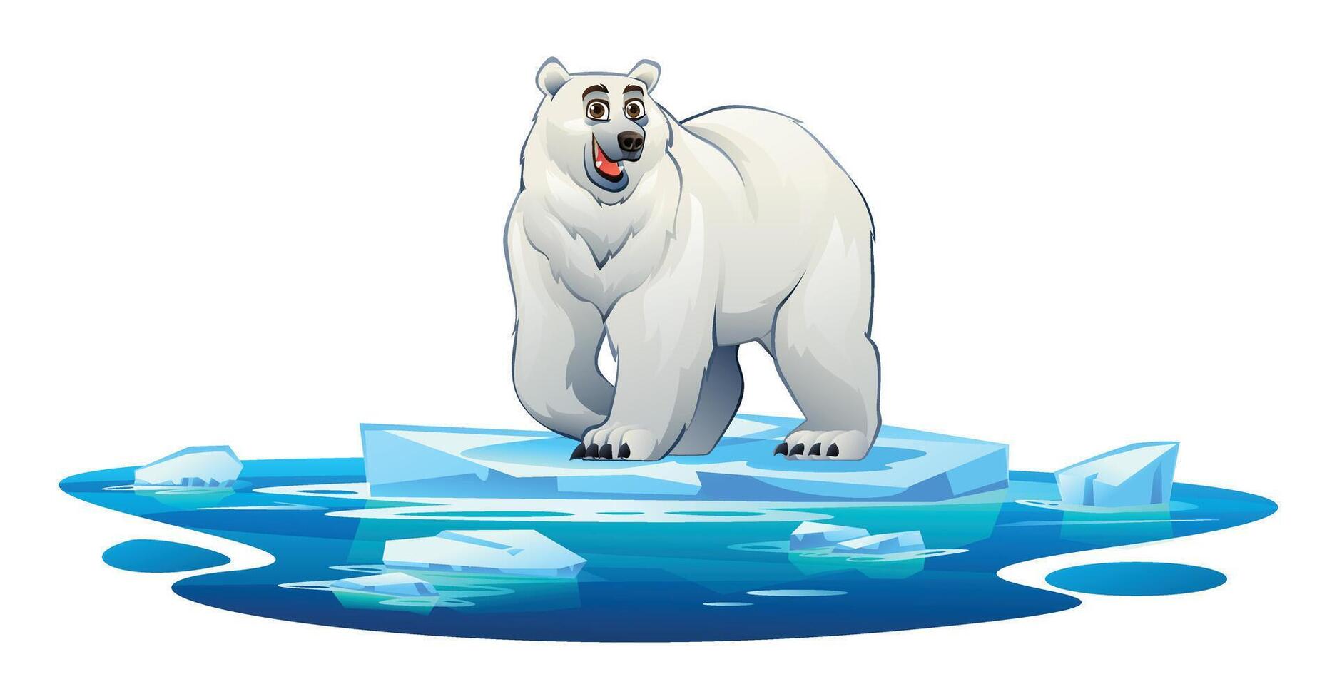 Polar bear standing on an ice platform surrounded by icy waters. Cartoon illustration vector