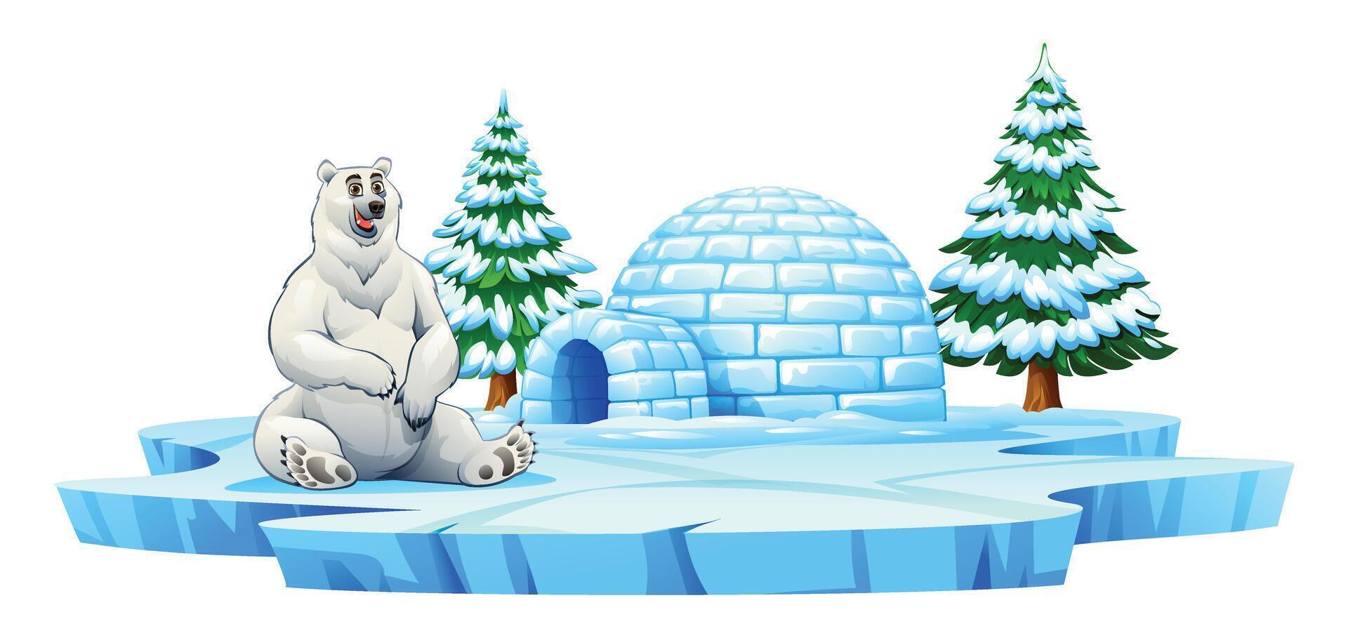 Polar bear sitting near an igloo and snowy pine trees on an icy platform. Cartoon illustration vector
