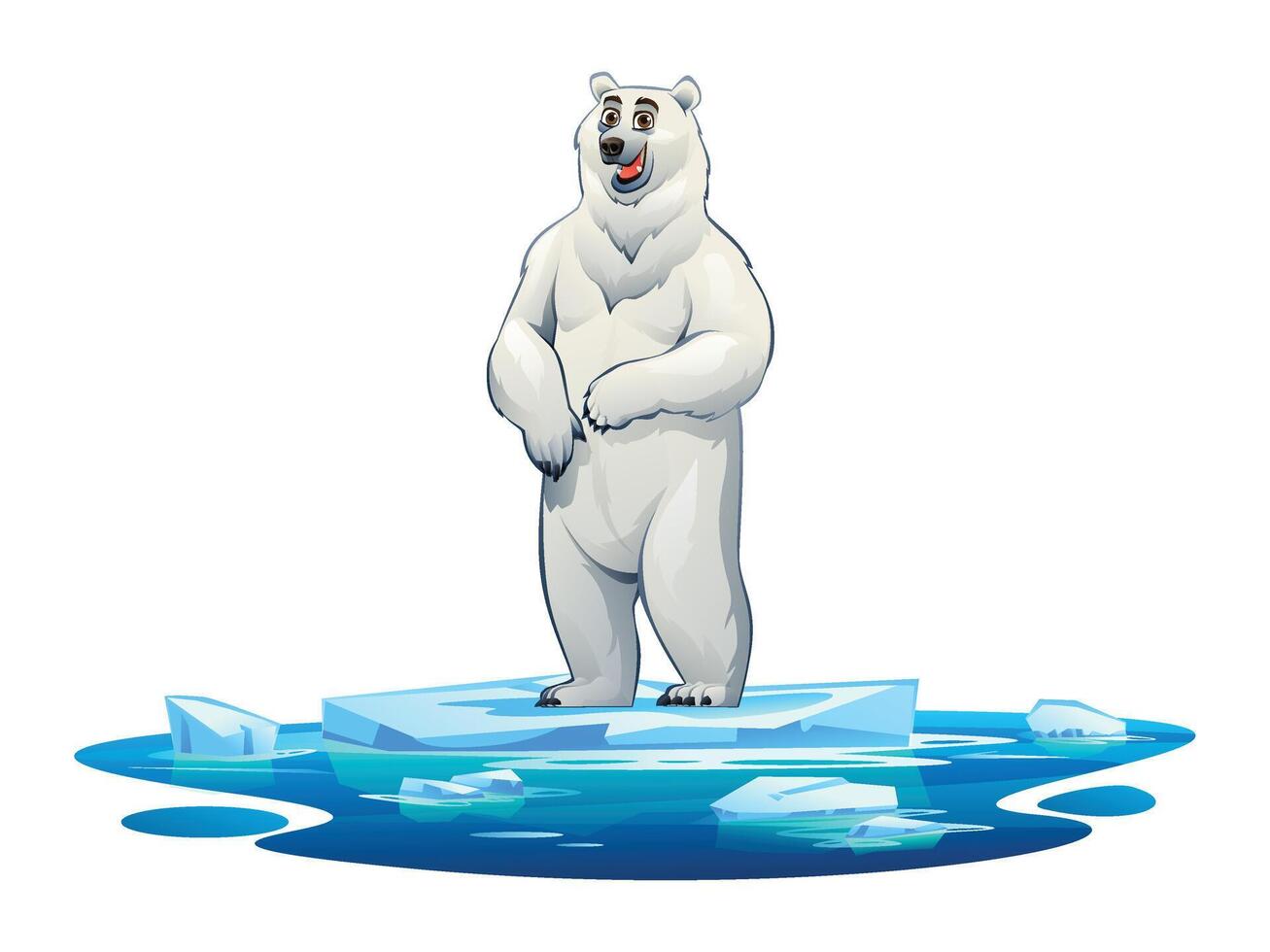 Polar bear standing on a floating ice platform surrounded by water. Cartoon illustration vector