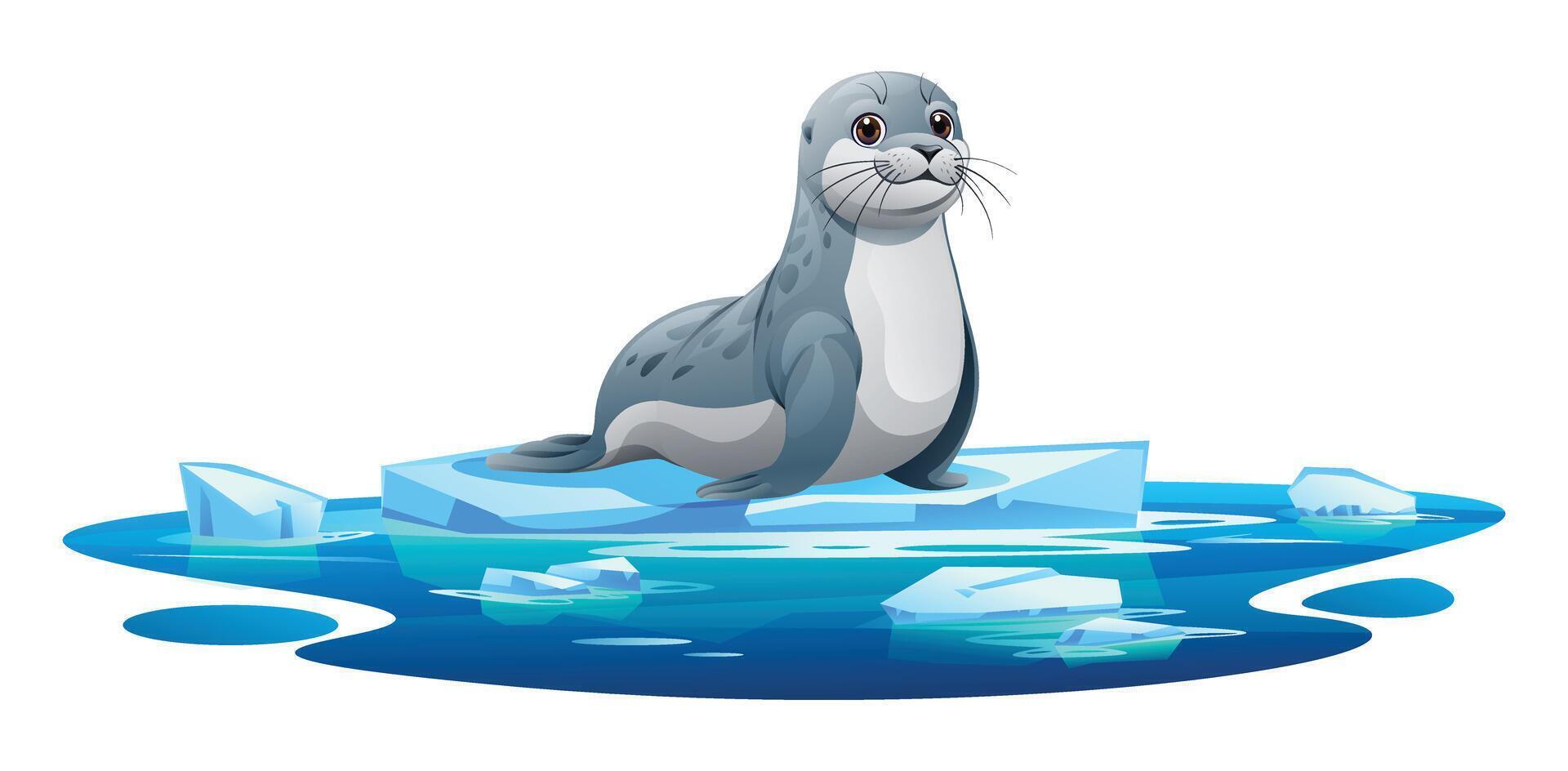 Seal sitting peacefully on a floating ice platform in icy waters. Cartoon illustration vector