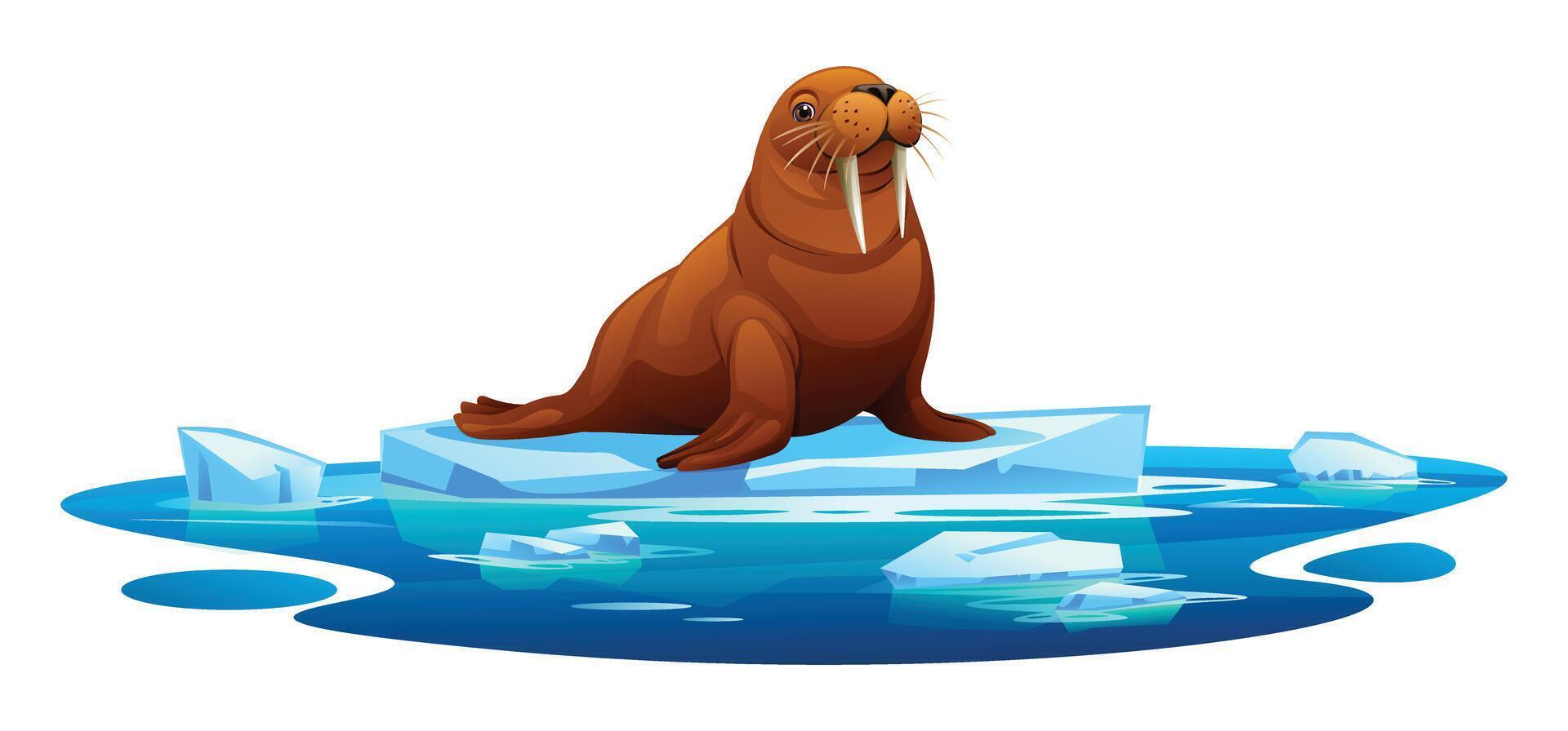 Walrus relaxing on a floating ice platform surrounded by icy waters. Cartoon illustration vector