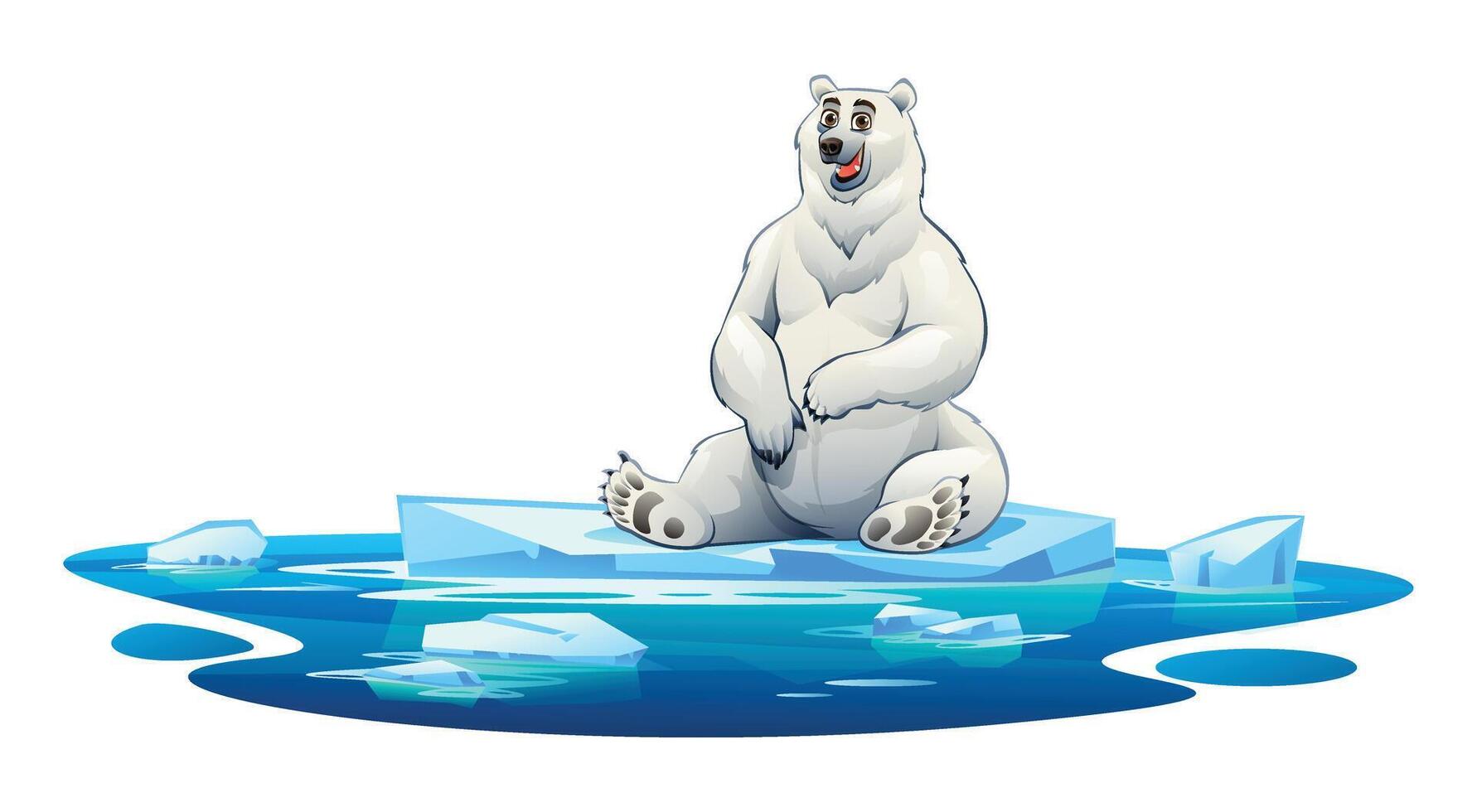 Polar bear sitting on a floating ice block surrounded by icy waters. Cartoon illustration vector