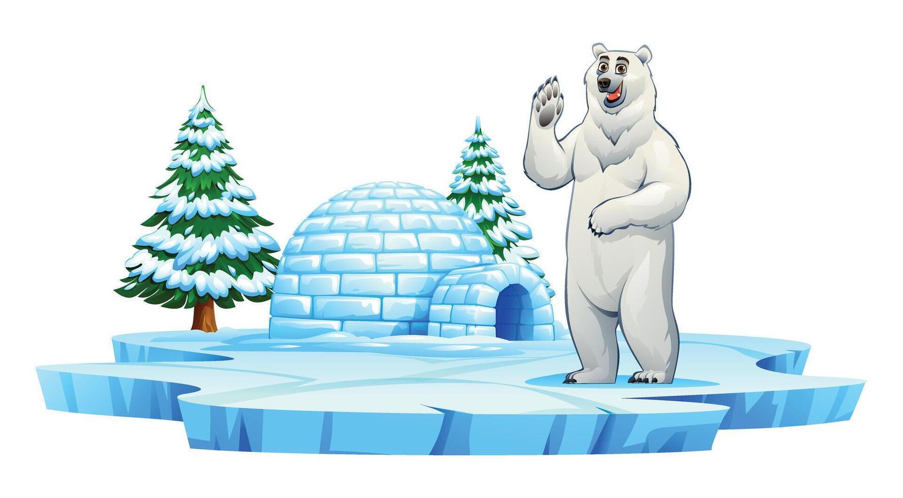 Polar bear waving near an igloo and snow covered pine trees on an icy platform. Cartoon illustration vector