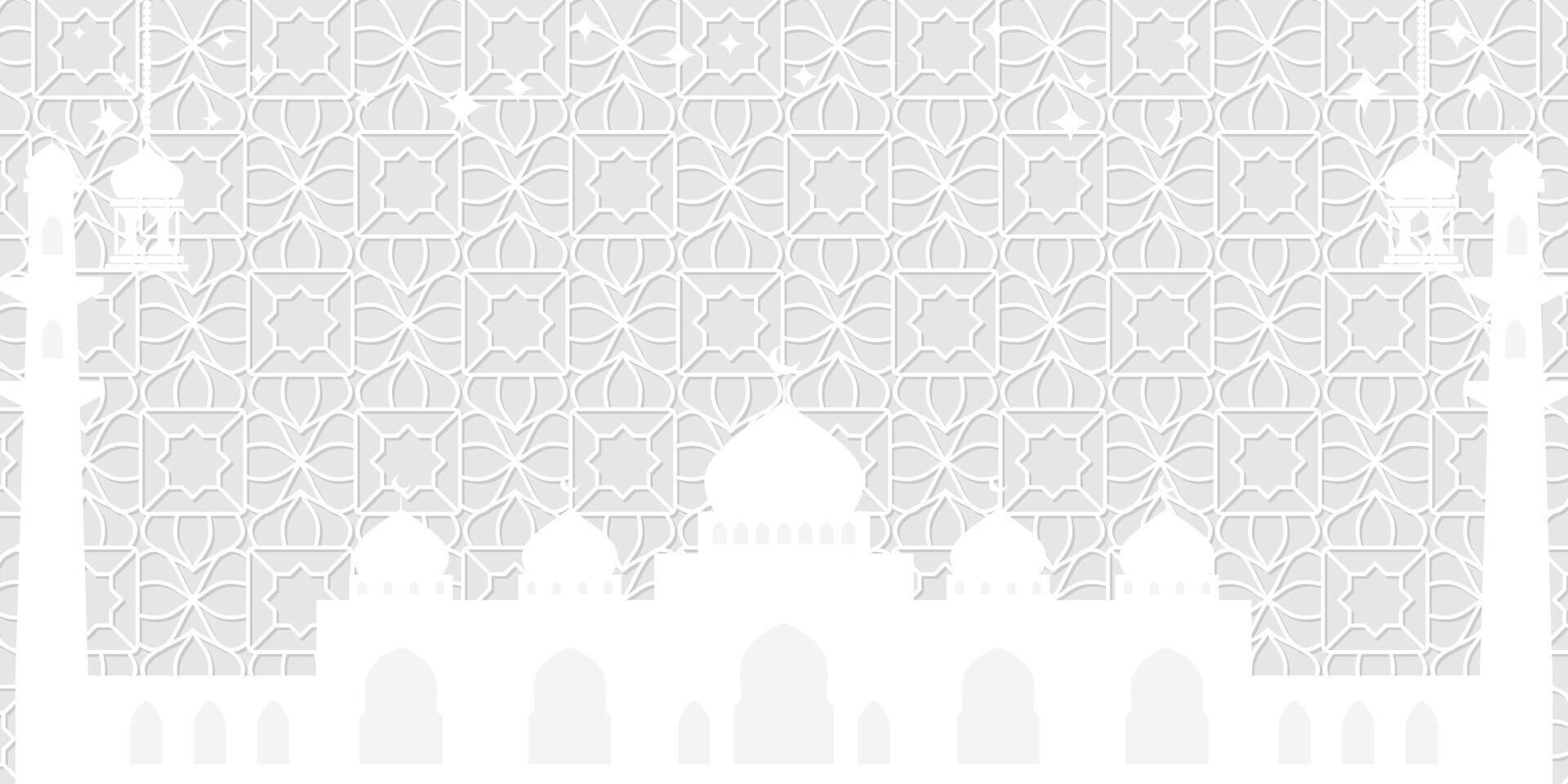 Islamic themed luxury grey background, with mosque silhouette, lanterns and mandala. Template for banner, poster, social media of Islamic holidays. vector