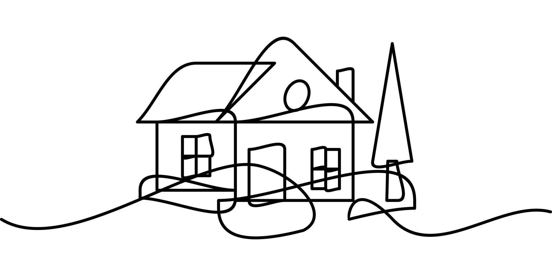 continuous line drawing of house symbol with tree. abstract line art illustration vector