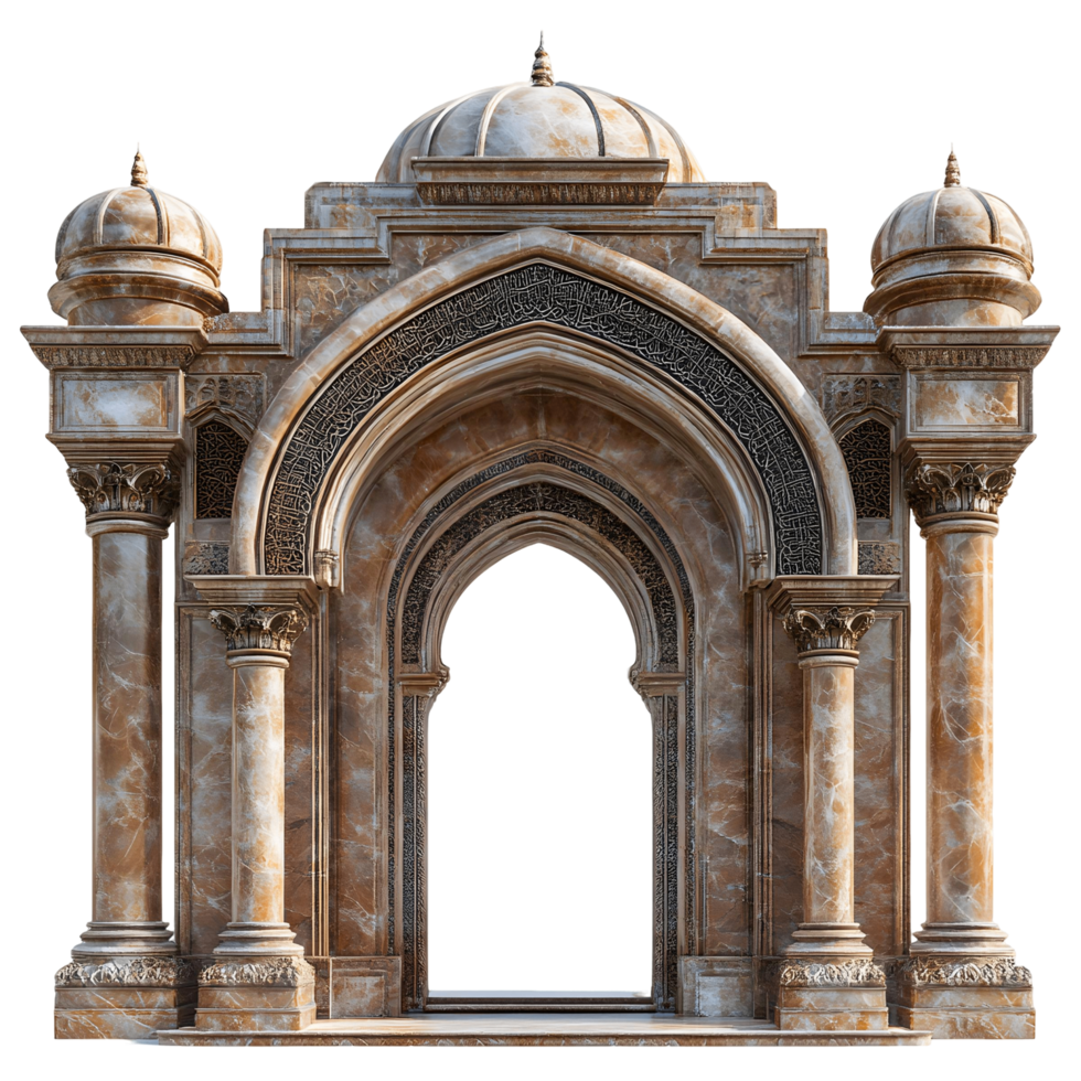 3D model of a brown marble Islamic gate with ornate carvings png