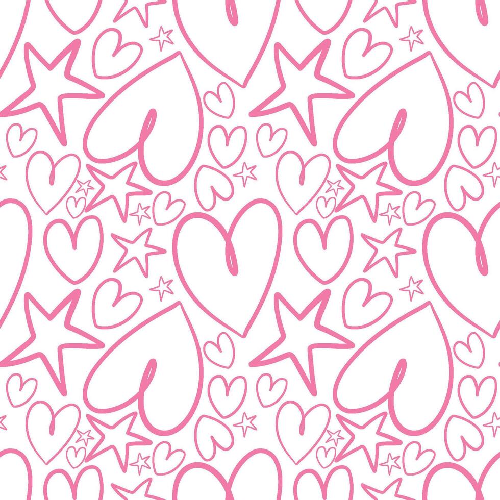 Seamless Pink Hearts and Stars Doodle Pattern for Backgrounds and Designs vector