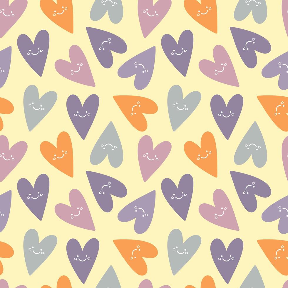 Seamless Cute Heart Pattern with Smile Faces in Warm Pastel Colors vector