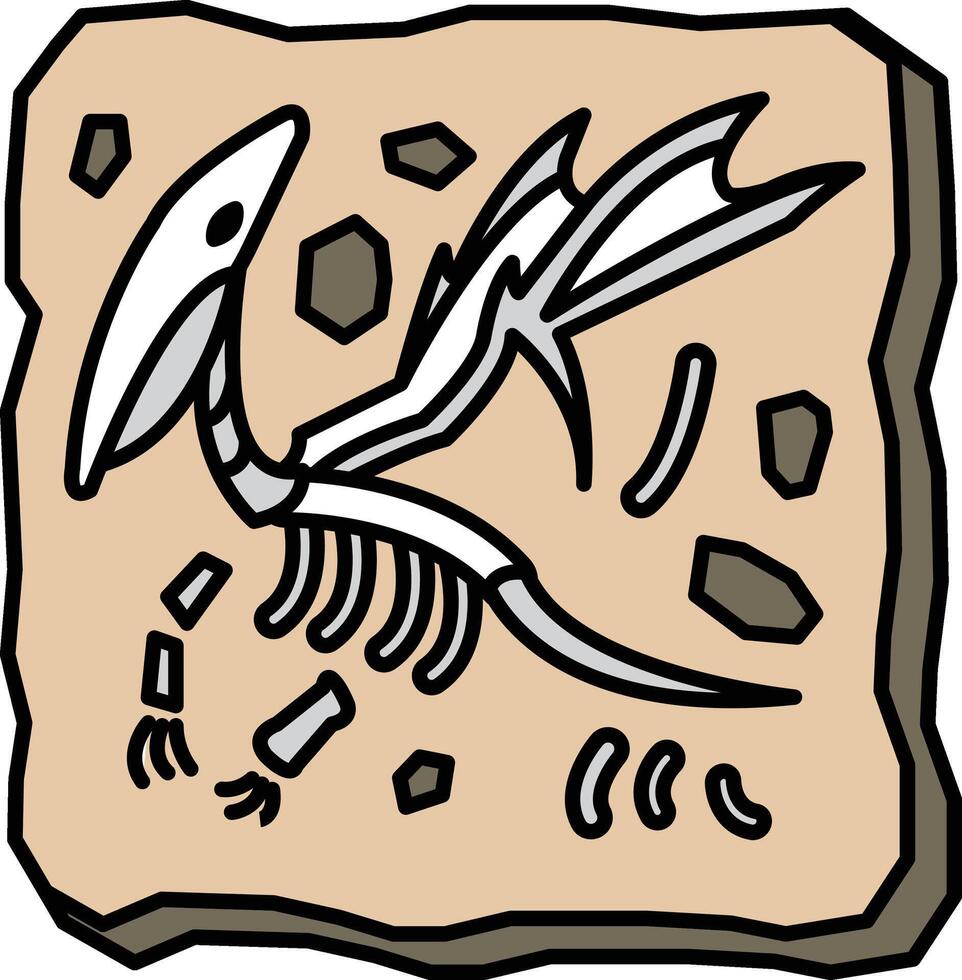 A cartoon drawing of a dinosaur skeleton on a rock vector