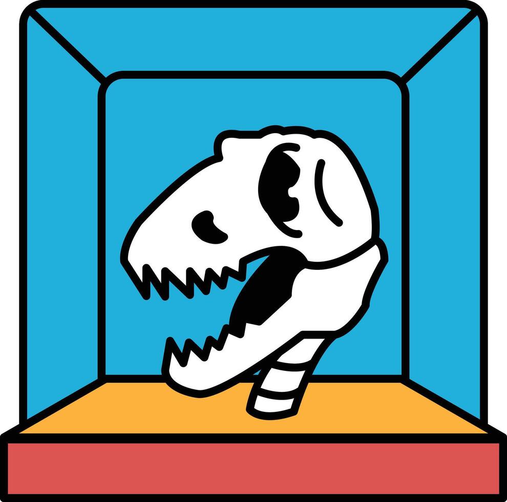 A cartoon drawing of a dinosaur skull in a display case vector