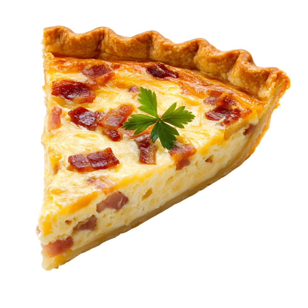A slice of quiche Lorraine filled with bacon and cheese png