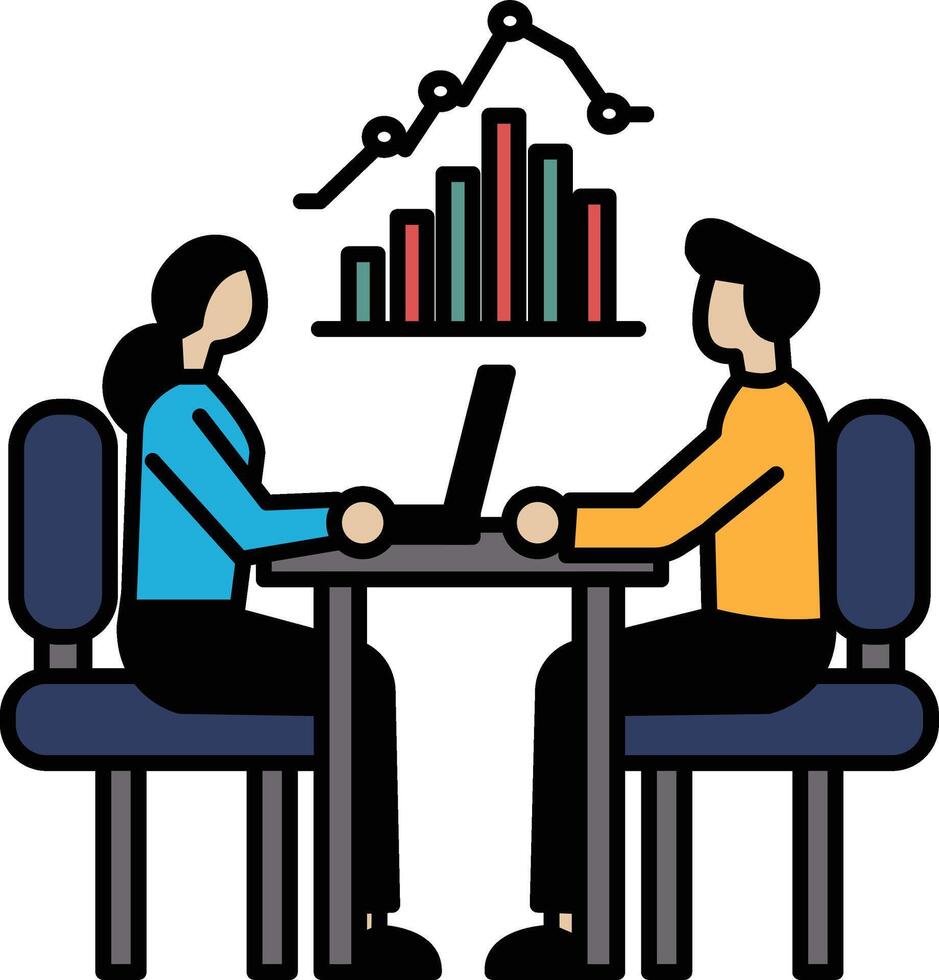 Two people sitting at a table with a laptop in front of them vector