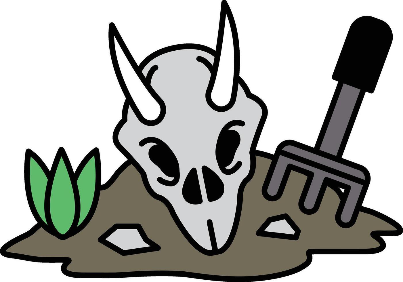 A skull is laying on the ground next to a shovel and a plant vector