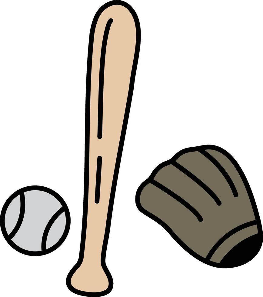 A baseball bat, glove and ball are shown in a cartoon style vector