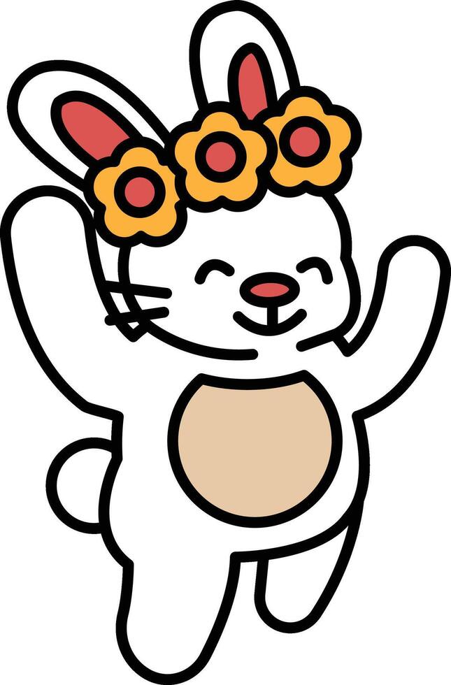 A cartoon rabbit with a flower crown on its head is jumping up and down vector