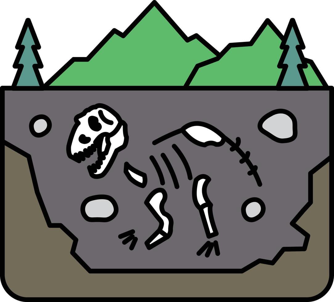 A dinosaur skeleton is laying in the dirt next to a mountain vector