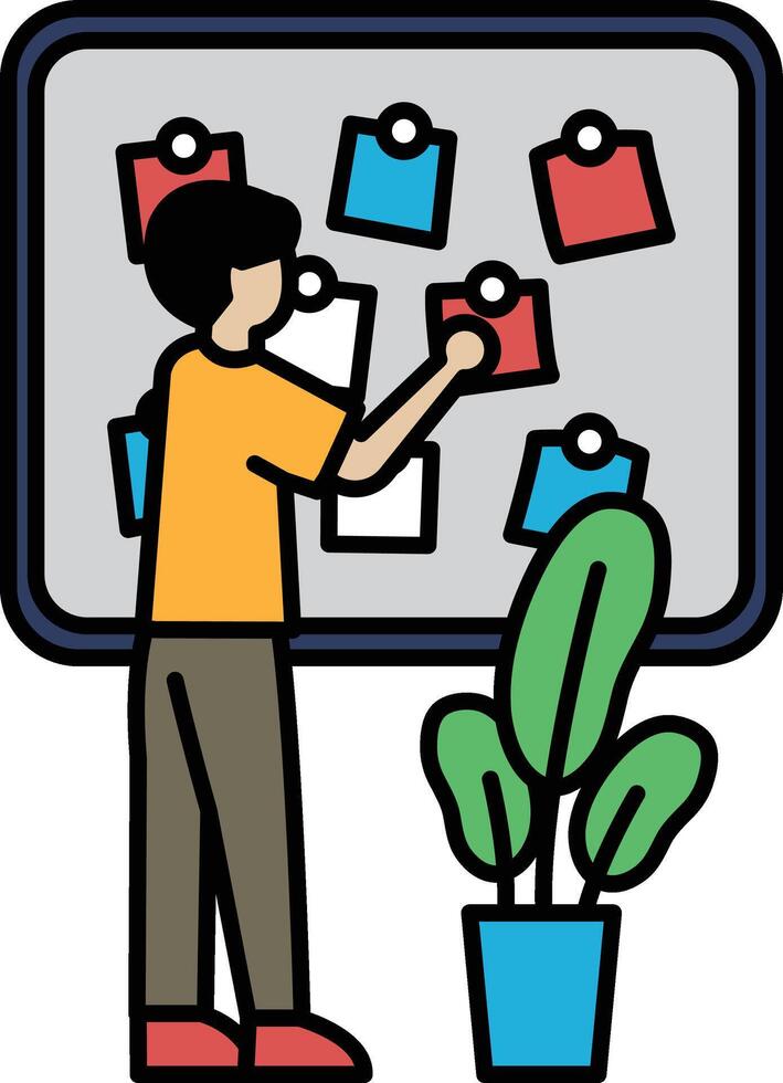 A man is standing in front of a white board with a green plant in a blue pot vector