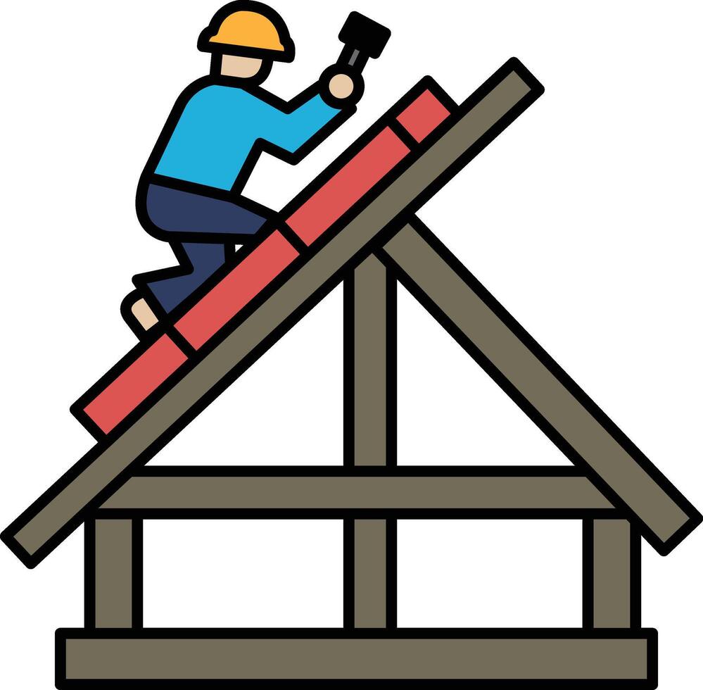 A man is working on a roof, hammering nails into the wood vector