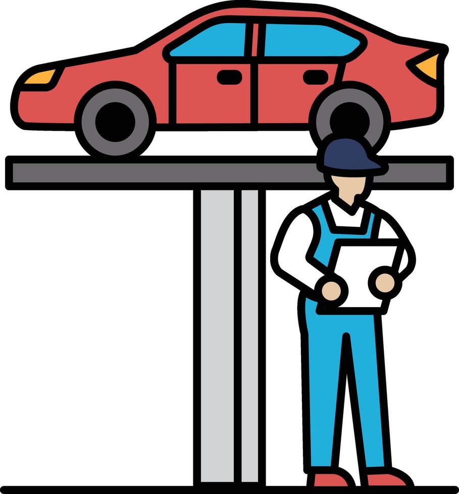 A mechanic is standing on a lift with a red car in front of him vector