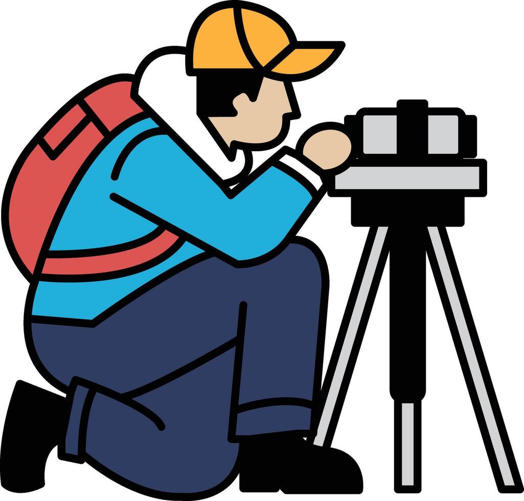A man is crouching down and looking at a camera vector