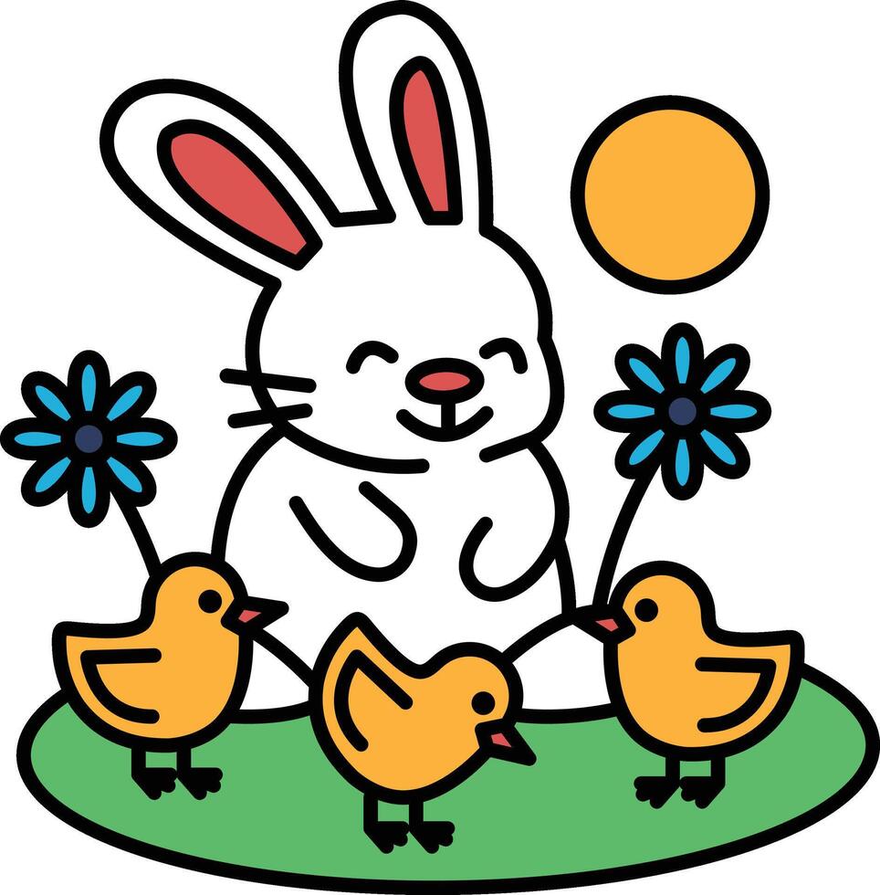 A cartoon rabbit is holding two baby birds in its arms vector