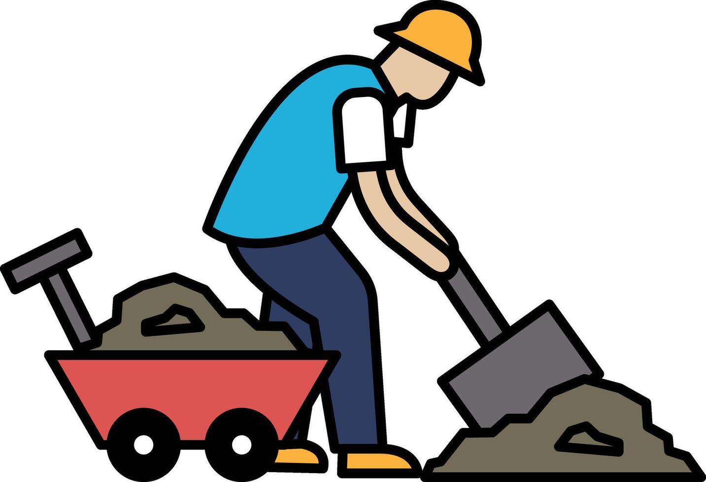 A man is shoveling dirt into a red wheelbarrow vector