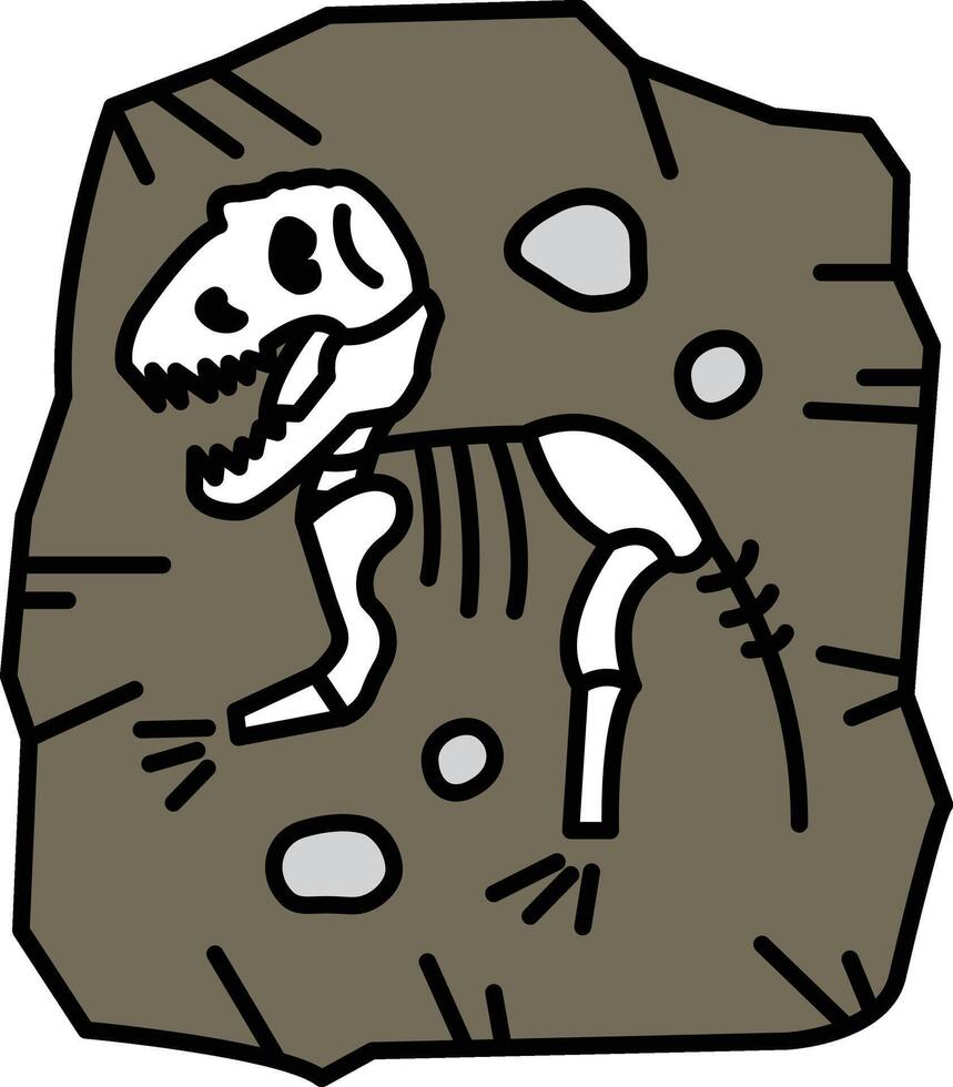 A cartoon drawing of a dinosaur skeleton is sitting in a pile of rocks vector