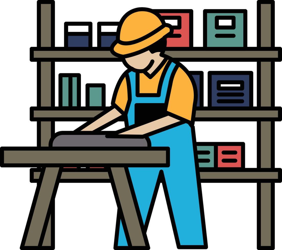 A man in a blue jumpsuit is working on a table vector