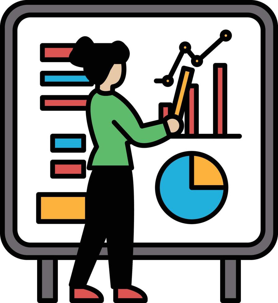 A woman is standing in front of a white board with a green shirt and black pants vector