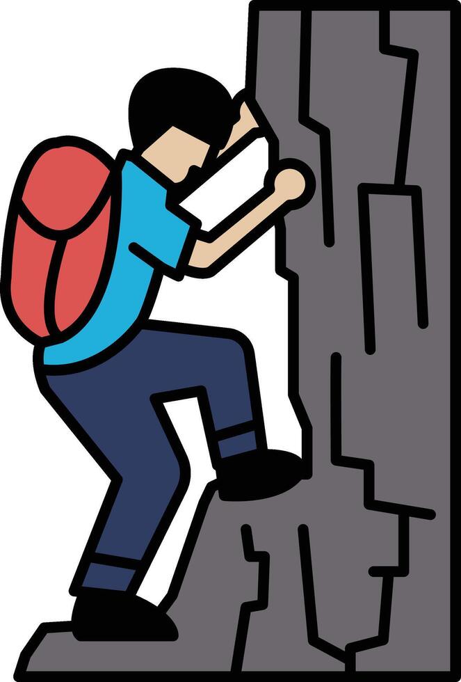 A man is climbing a rock with a backpack on vector