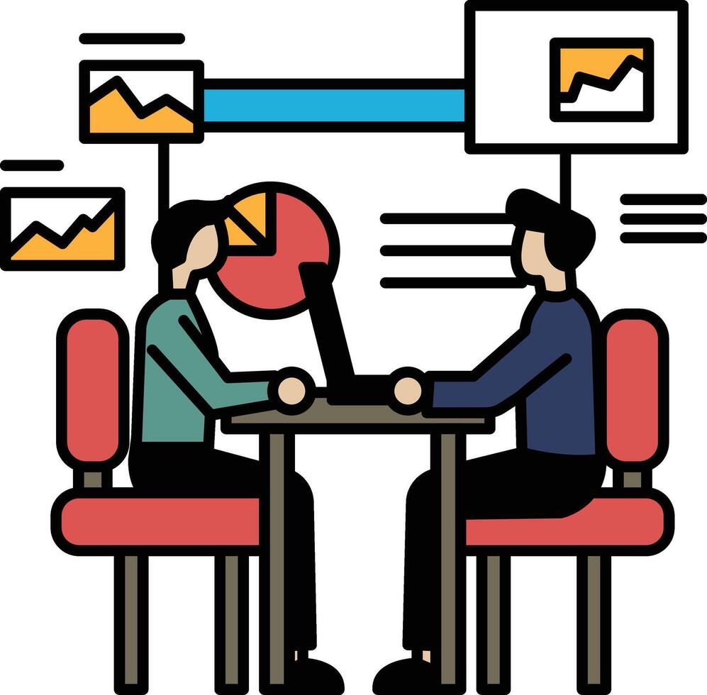 Two men sitting at a table with a laptop in front of them vector