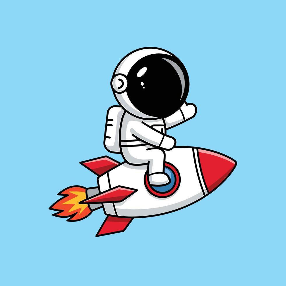 Cute Astronaut Riding Rocket And Waving Hand Cartoon Illustration. vector