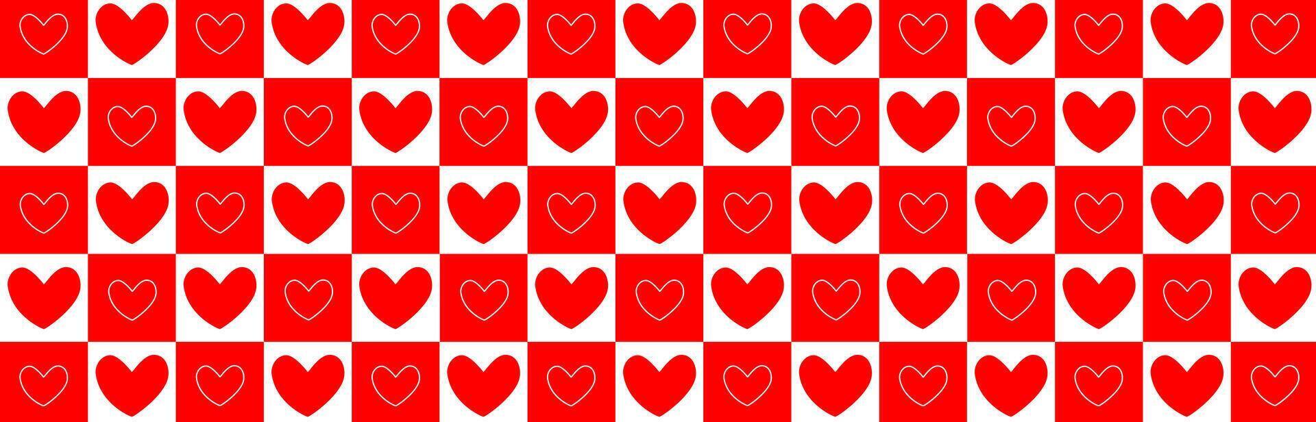 Mosaic minimalist background, banner, template with simple shapes, hearts. A red and white checkered pattern with hearts vector