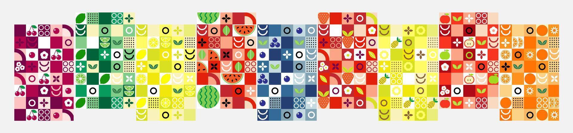 Set of fruit and berry patterns in abstract geometric style. Minimalistic mosaic design for packaging, textile, label, banner, template. vector