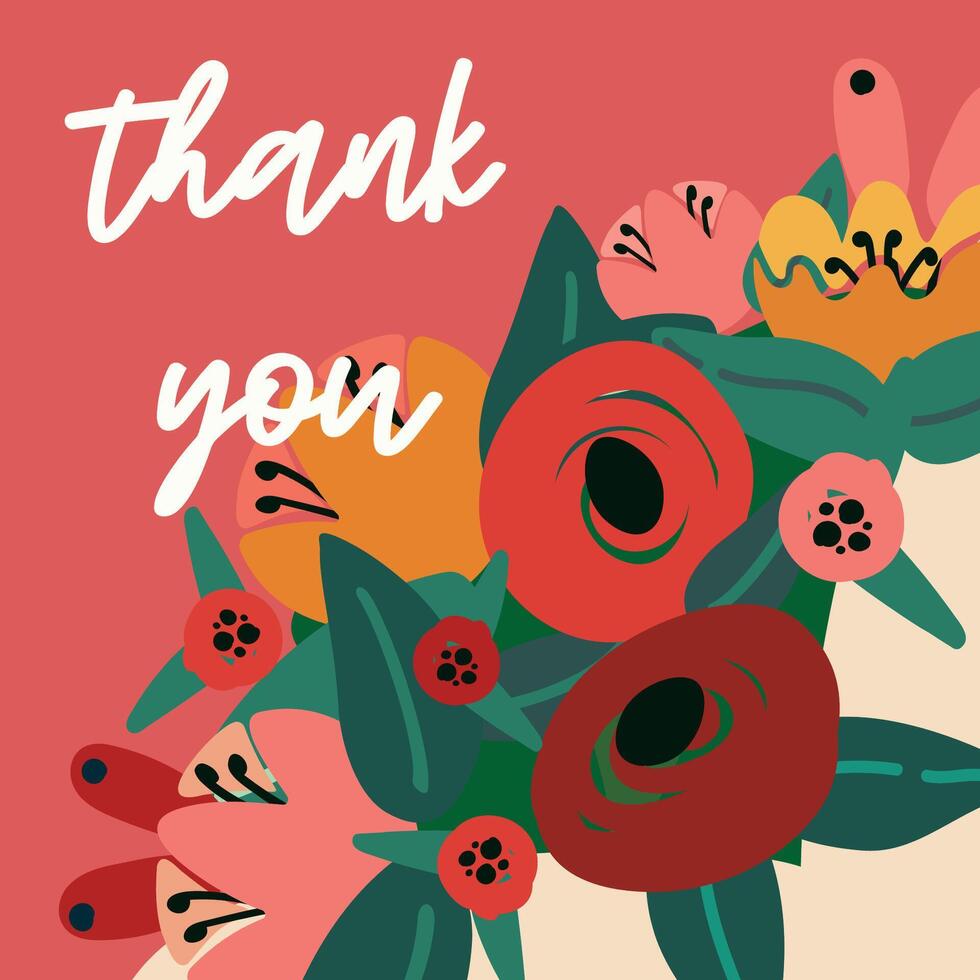 thank you card with flowers in vibrant red colors vector
