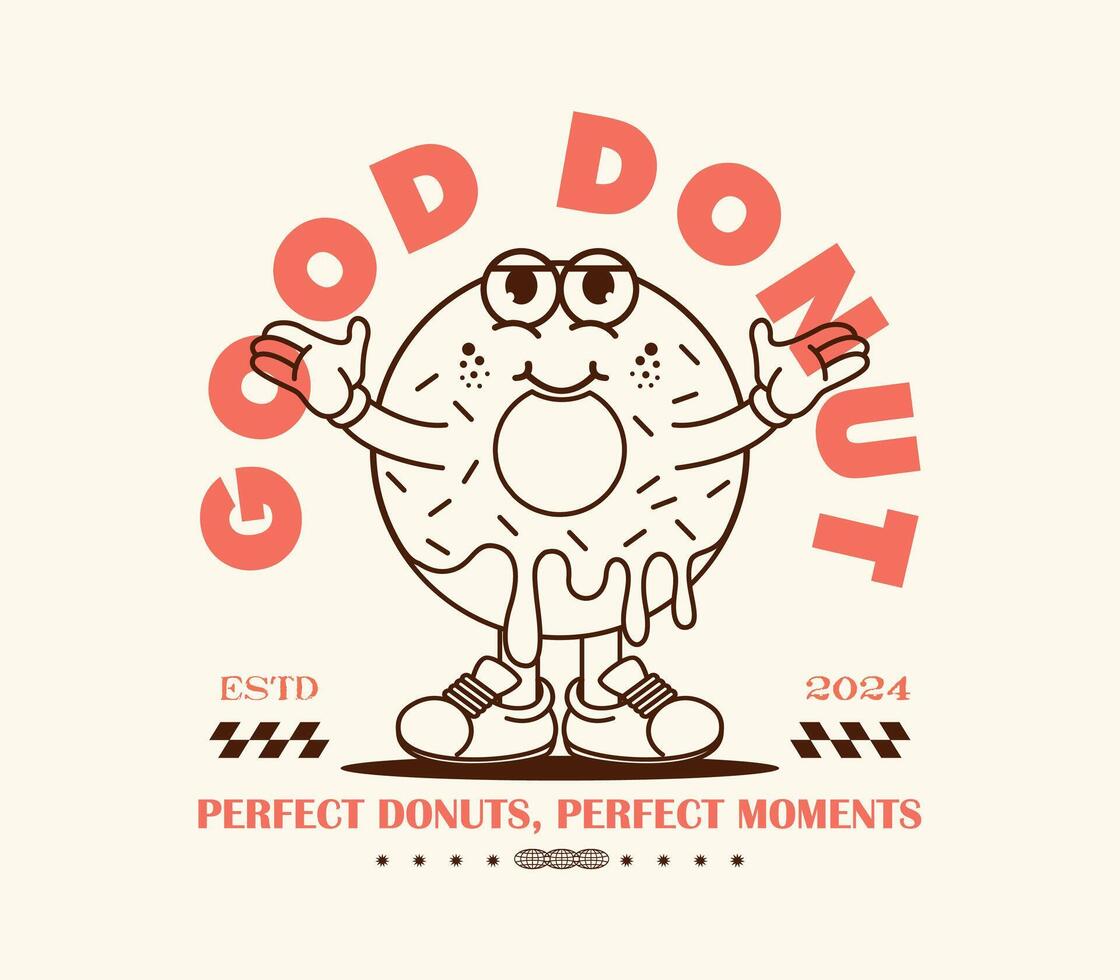 Vintage donut cartoon character graphic design, perfect for t-shirts, graphic tees, posters, stickers, and merchandise. Retro style with a playful and fun vibe vector