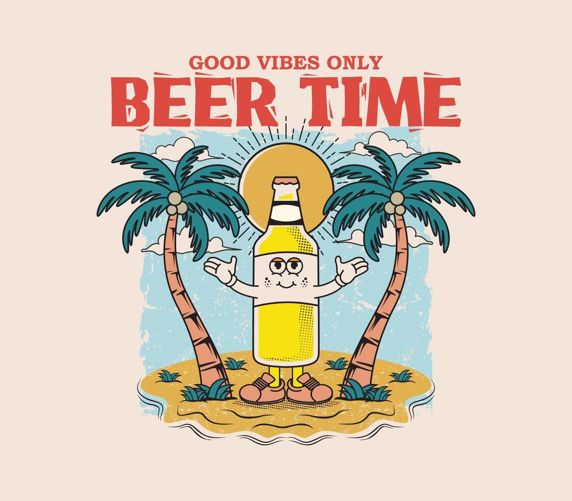 Beer bottle cartoon character with summer vibes design, perfect for graphic tees, t-shirts, posters, stickers, merchandise, and more. Retro cartoon style vector