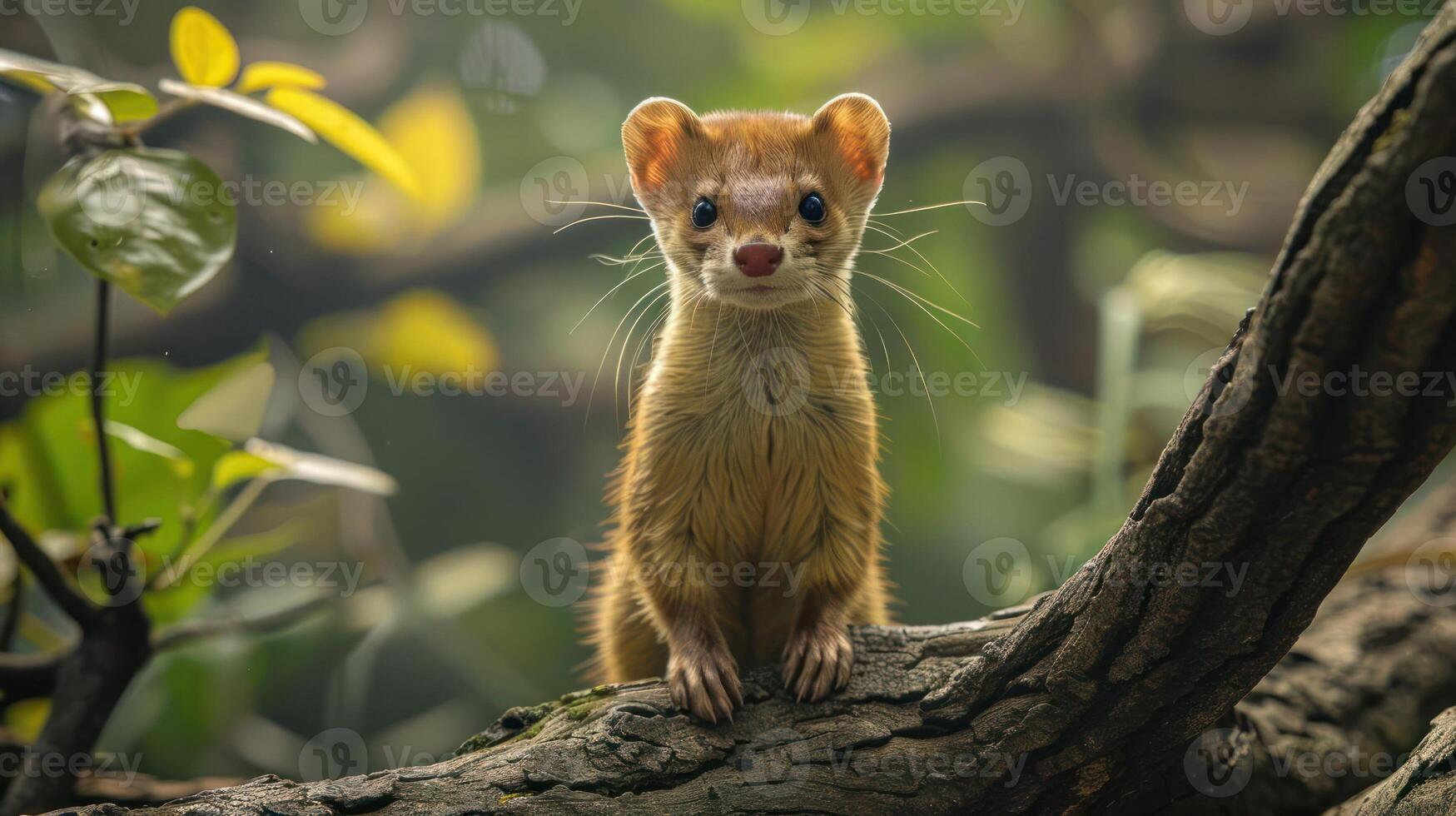 A cute weasel sitting on top of a tree branch with a serene forest backdrop. photo