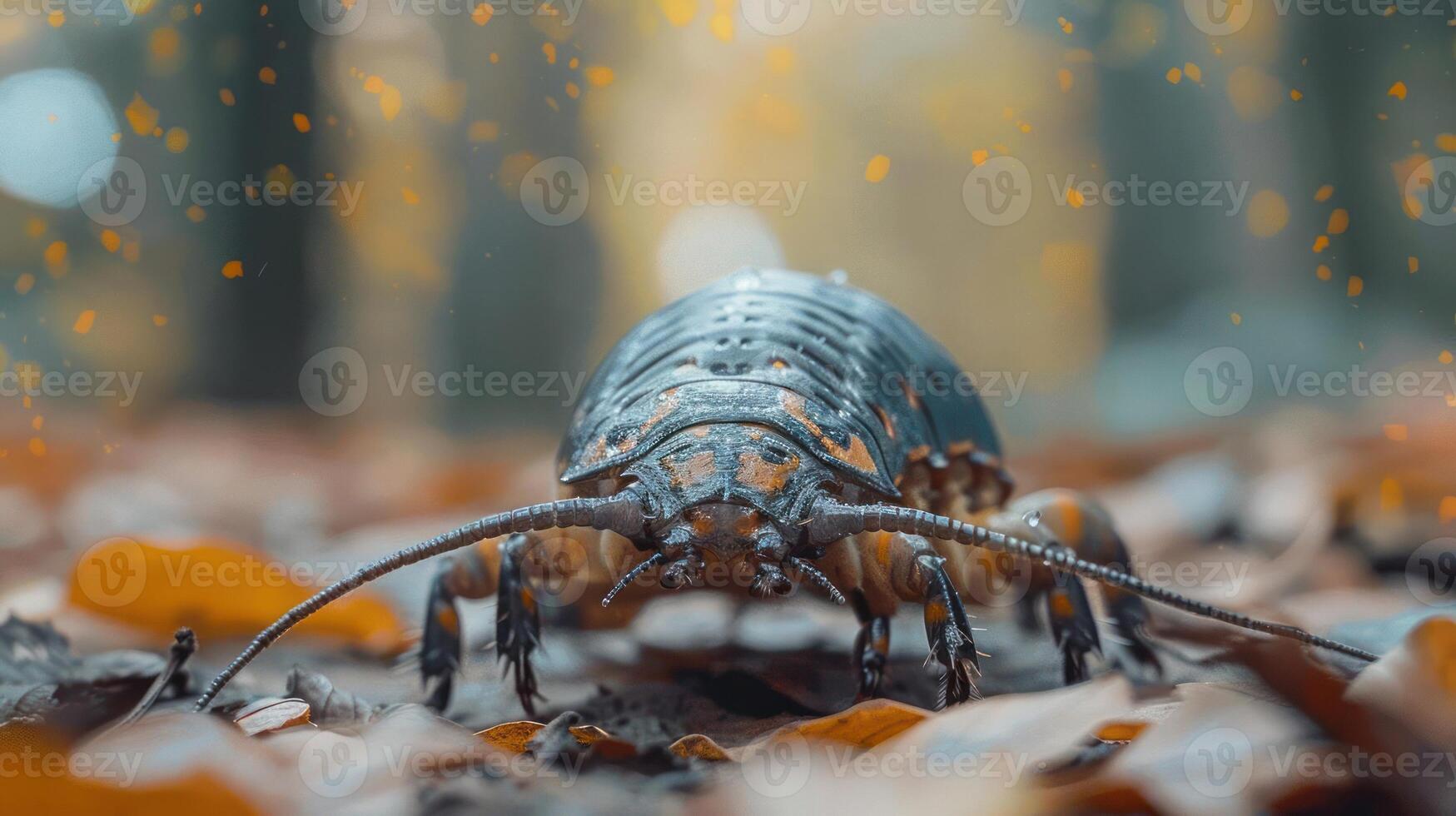 A small snail crawling on a leaf-covered ground. photo