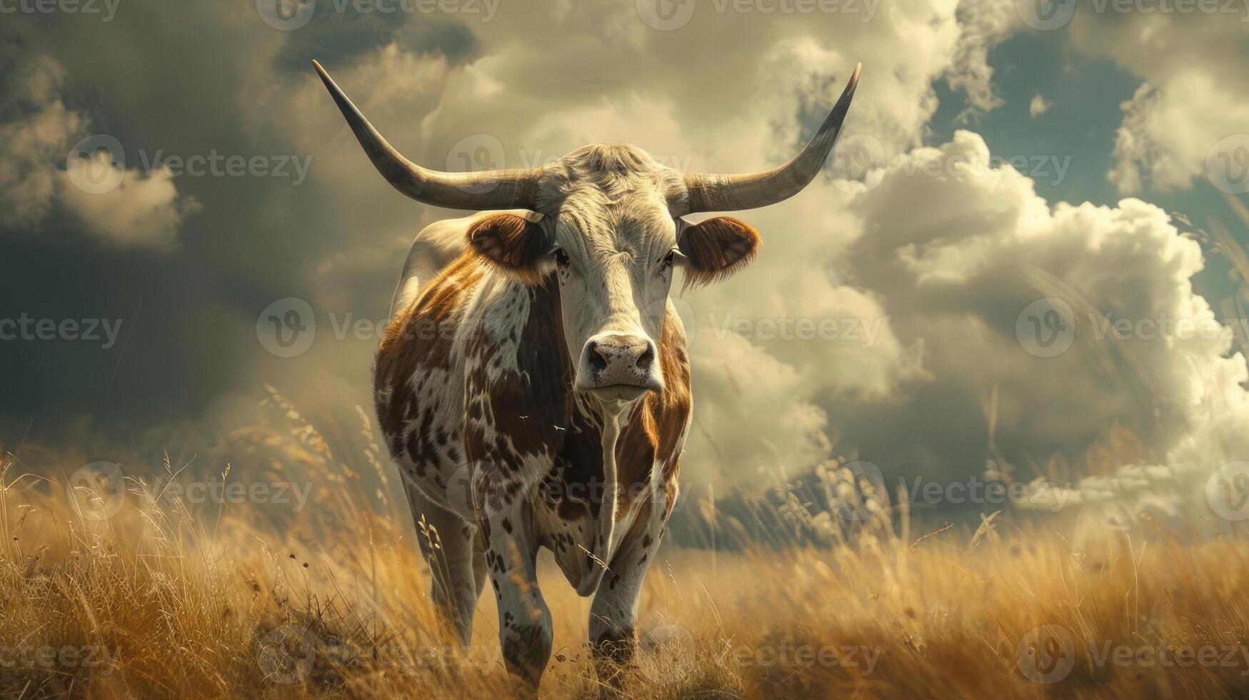 Texas Longhorn steers walking through a field during thunderstorms. photo