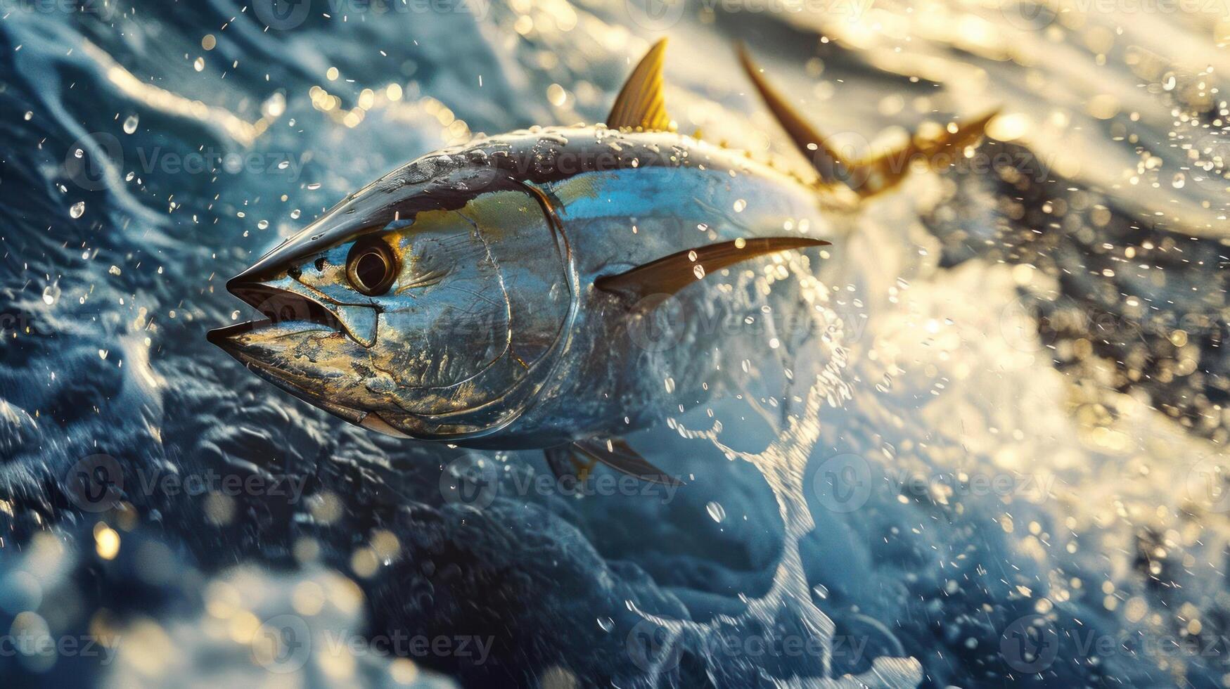 A majestic Pacific bluefin tuna leaps out of the ocean with its powerful muscles and graceful form. photo