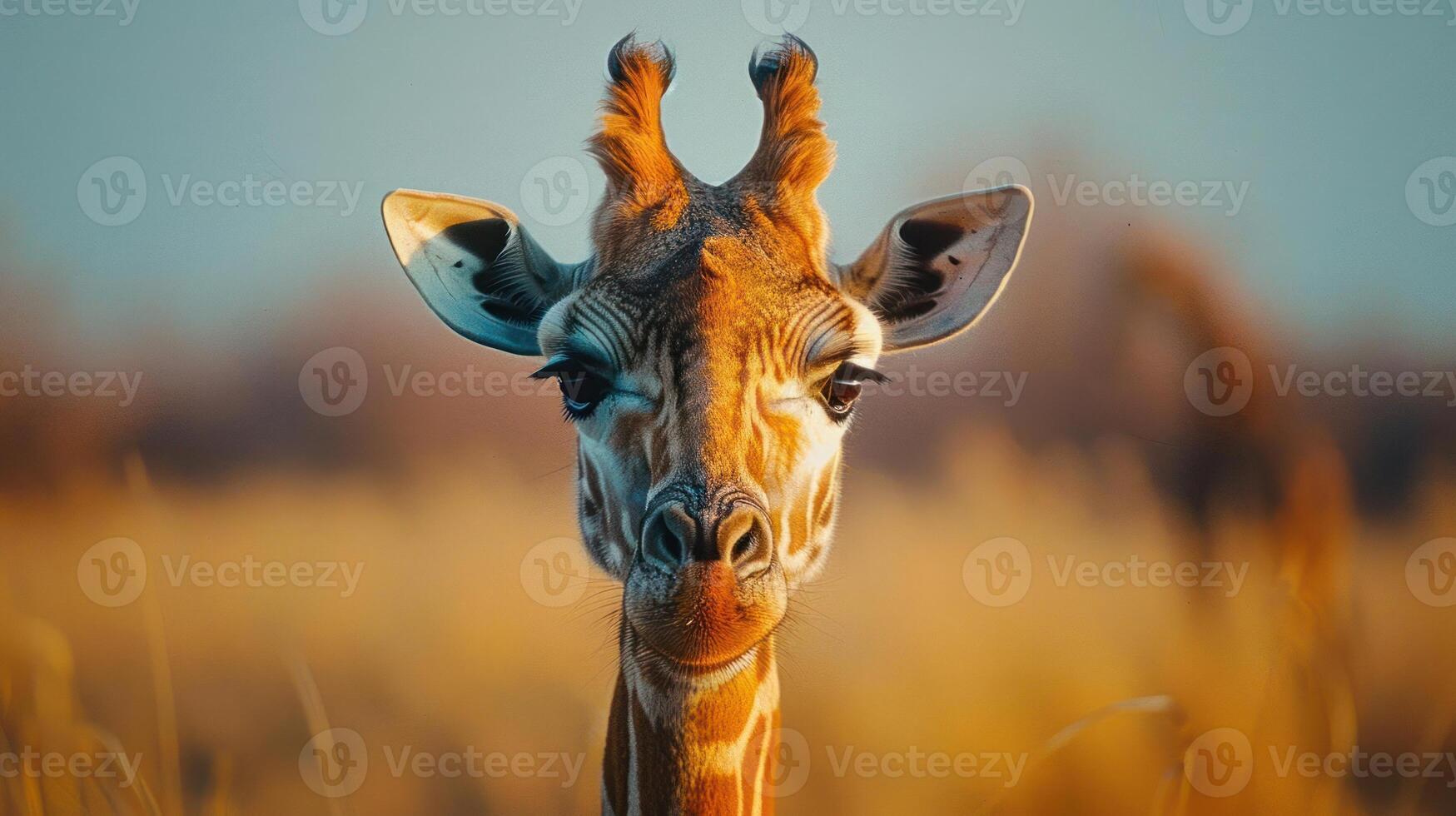 Close-up portrait of a giraffe standing among tall grasses with the sunset creating an illuminated backdrop. photo
