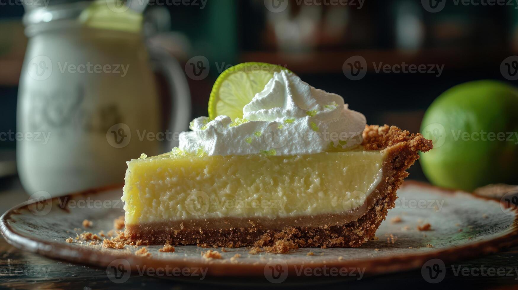 Slice of pie with whipped cream topping and lime slices next to it. photo