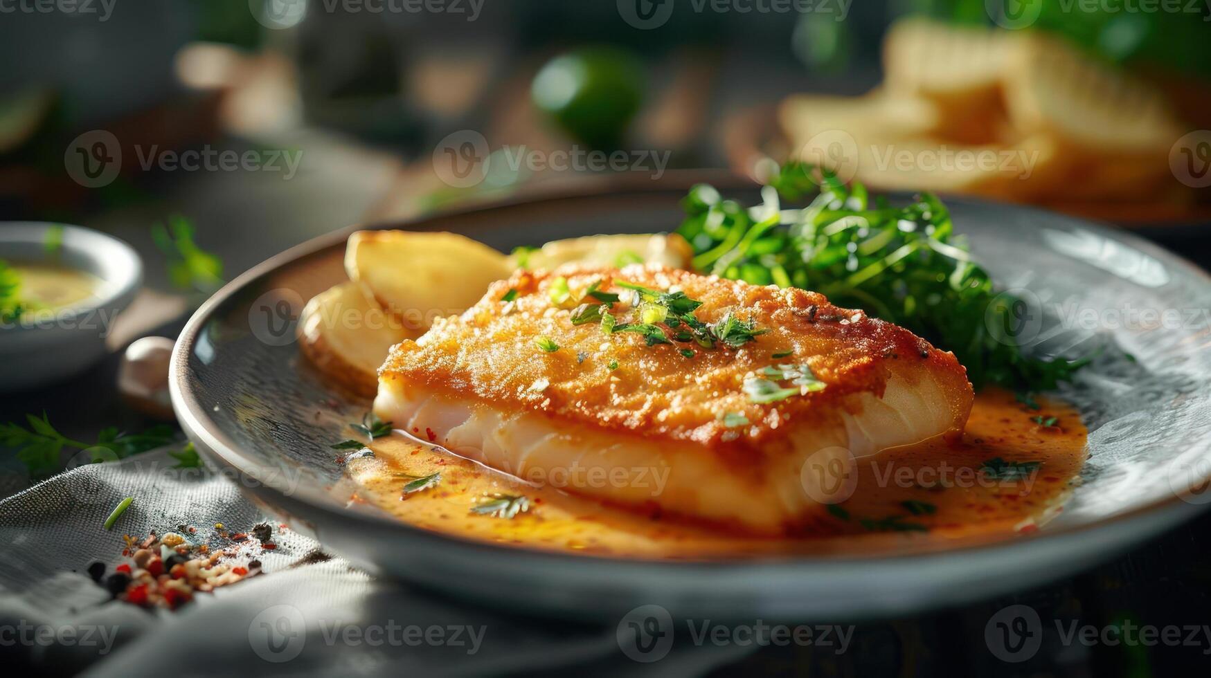 A dish of seafood on a plate with sauce, accompanied by side items. photo