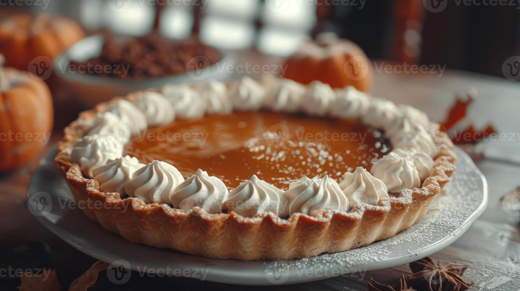 A slice of pumpkin pie with whipped cream on a plate. photo