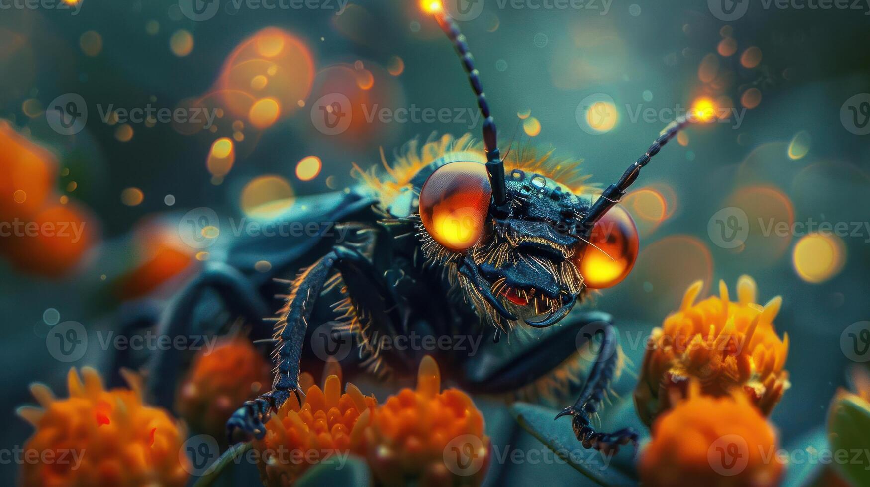 A closeup of a bug sitting on top of orange flowers with a focus on it. photo