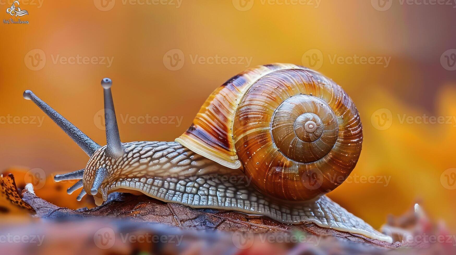 A snail crawling on a leaf surrounded by autumn leaves. photo