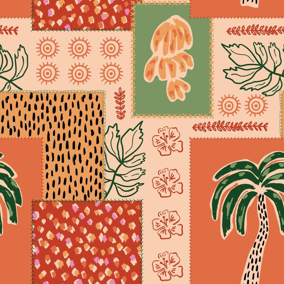 Tropical patchwork seamless pattern. Abstract ethnic print with hand drawn palm tree, bananas. Jungle summer beach wallpaper. Hawaiian tribal elements, hibiscus, leopard spots illustration. vector