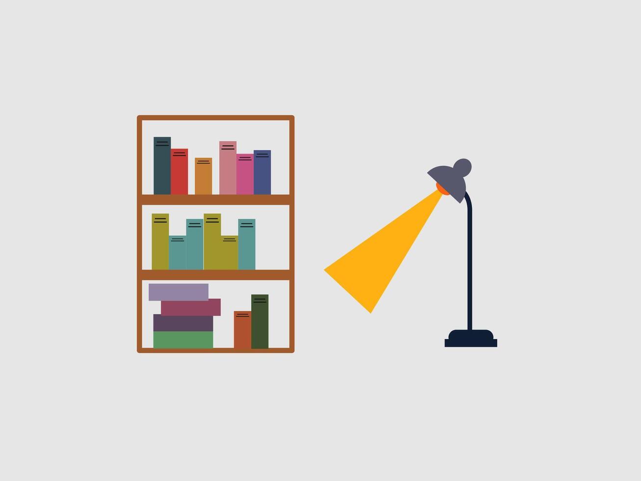 The image depicts a simple illustration of a bookshelf and a lamp against a light gray background vector